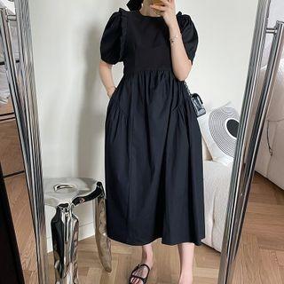 Short-sleeve Plain Ruffle Trim Midi Dress
