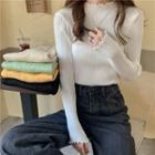 Plain Ruffle Trim Stand-collar Long-sleeve Knitted Top