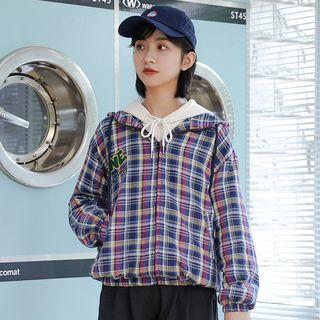 Embroidered Plaid Hooded Jacket Purple - One Size
