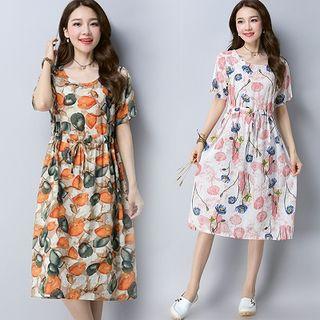 Picture Print Crewneck Short-sleeve Dress