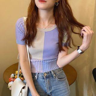 Short-sleeve Color Block Rib Knit Crop Top