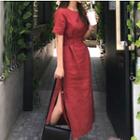 Short-sleeve Slit-side A-line Midi Dress