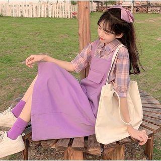 Plaid Elbow-sleeve Blouse / Plain Midi A-line Pinafore Dress