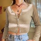 Round Neck Button-up Lace Trim Cropped Top