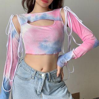 Mock Two-piece Long-sleeve Cutout Tie-dye Crop Top