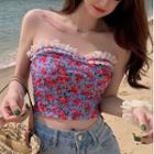 Floral Print Tube Top Red Floral - Blue - One Size
