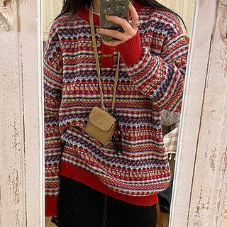 Pattern Toggle Henley Sweater Khaki & Red & Green & Light Blue - One Size