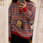 Pattern Toggle Henley Sweater Khaki & Red & Green & Light Blue - One Size
