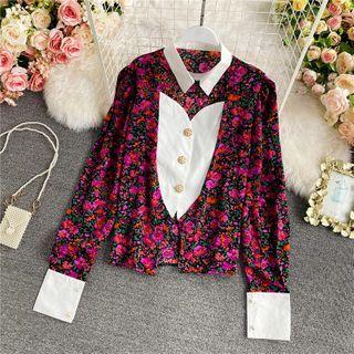 Keyhole Color-block Floral Print Shirt
