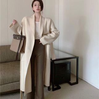 Plain Woolen Cardigan / High-waist Plain Straight-cut Pants