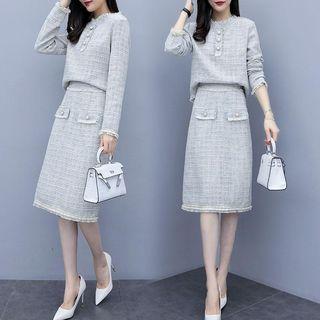 Set: Tweed Fringed Trim Long-sleeve Top + Midi A-line Skirt