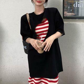 Spaghetti Strap Striped Slit Dress / Short-sleeve Cutout T-shirt