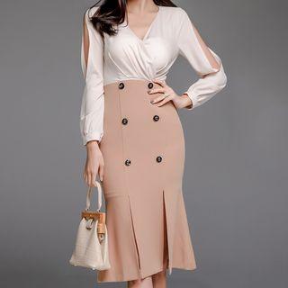 Long-sleeve Paneled Midi Mermaid Dress