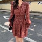 V-neck Floral Mini A-line Dress Red - One Size