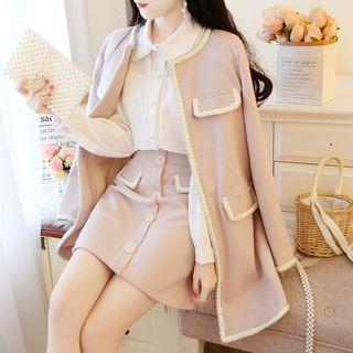 Set: Contrast Trim Jacket + Buttoned A-line Mini Skirt