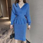 Set: Off-shoulder Shirred Sweater + Midi Knit Skirt