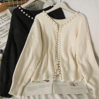 Pearl-trim Loose Cardigan