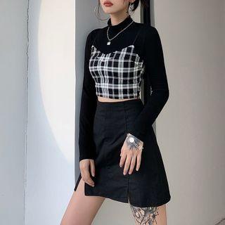 Set: Mock-neck Long-sleeve T-shirt + Plaid Cropped Camisole