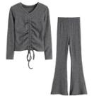 Crinkled Long-sleeve Knit Top / Plain High-waist Boot-cut Pants
