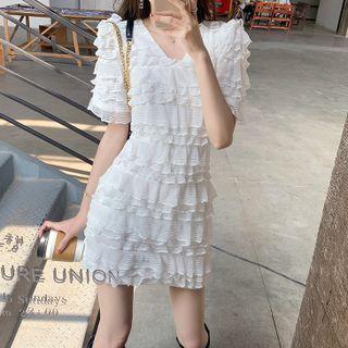 Short Sleeve V-neck Layered Lace Mini A-line Dress