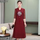 Embroidered Elbow-sleeve Silk Dress