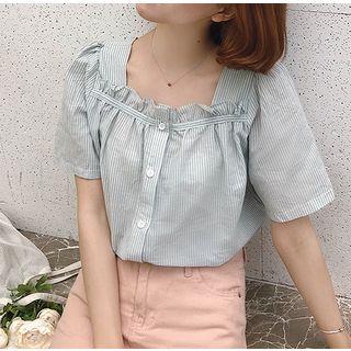 Square-neck Striped Short-sleeve Blouse