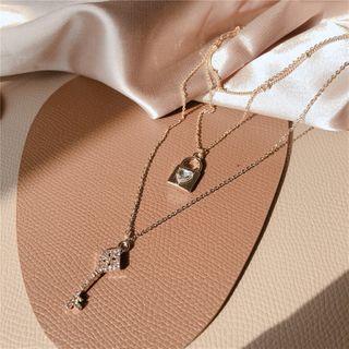 Set Of 3: Lock / Key Rhinestone Pendant Necklace (assorted Designs) Set Of 3 - Lock & Pendant Necklace - Silver - One Size
