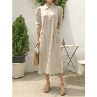 Puff-sleeve Pocket-detail Long Shirtdress