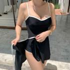 Set: Spaghetti-strap Contrast Trim Swimsuit + Wrap Swim Skirt