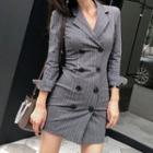 Long-sleeve V-neck Striped Double-breasted Dress