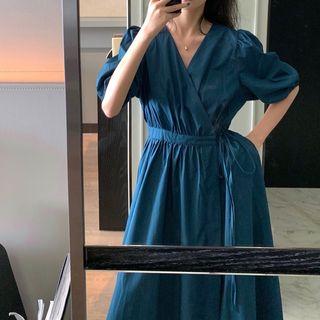 Short-sleeve Midi A-line Dress Peacock Blue - One Size