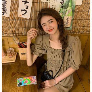 Short-sleeve Square-neck Shirred Top Green - One Size