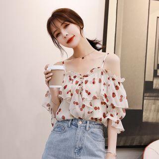 Short-sleeve Cold Shoulder Cherry Print Blouse