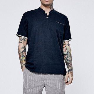 Lapel Plain Color-block T-shirt