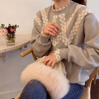 Round-neck Lace-trim Fleece-lined Pullover
