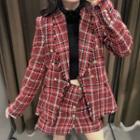 Double-breasted Tweed Plaid Blazer / Tasseled A-line Skirt