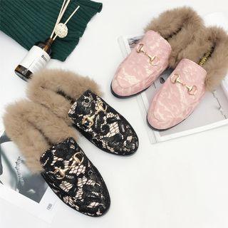 Lace Panel Furry Flat Shoes