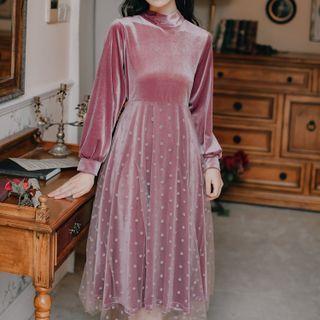 Mock-neck Puff-sleeve Dotted A-line Dress