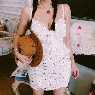 Spaghetti Strap Eyelet Lace Mini Sheath Dress