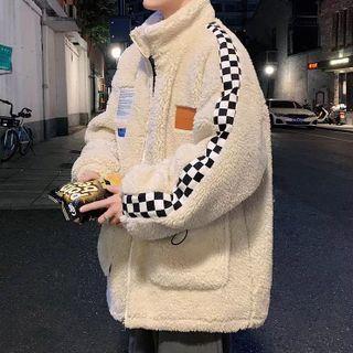 Oversize Long-sleeve Shearling Panel Plaid Jacket