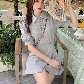 Puff-sleeve Polo Shirt / Slit Mini A-line Skirt