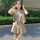 Short-sleeve Double Breasted Blazer / High-waist Plain Pleated Skirt