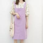 Set: Puff-sleeve Floral Blouse + Midi Shift Overall Dress Purple - One Size