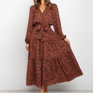 Long-sleeve Leopard Print Sashed Midi A-line Dress