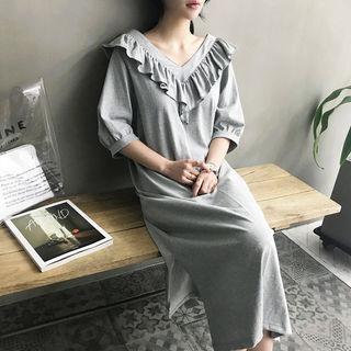Frilled V-neck Puff-sleeve Midi Dress