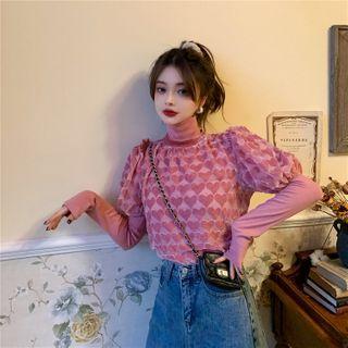 Long-sleeve Turtleneck Top / Puff-sleeve Heart Print Mesh Top