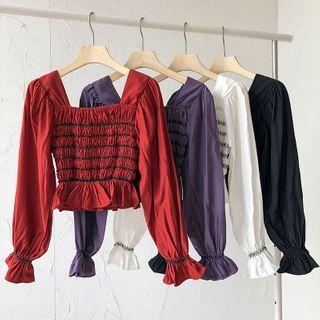 Long-sleeve Square-neck Frilled Blouse