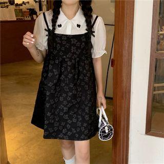 Puff-sleeve Bow Shirt / Floral Print Overall Dress