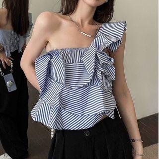 Single Shoulder Strappy Striped Top