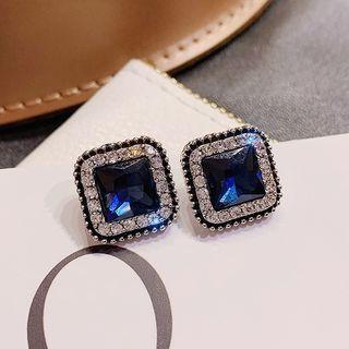 Rhinestone Square Stud Earring 1 Pair - Blue & White - One Size
